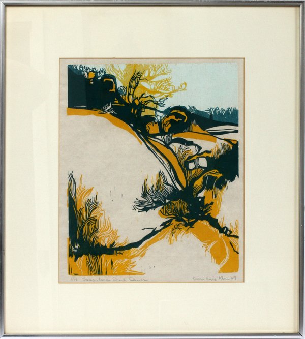 KAREN ANNE KLEIN WOODCUT: KAREN ANNE KLEIN, WOODCUT H 14" W 11" SAUGATUCK DUNES:Pencil signed. Yellow and blue on buff paper. Framed size is 22" x 20".