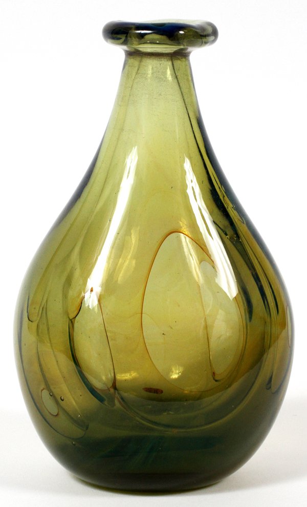 KARNIG DABANIAN STUDIO GLASS VASE 1972: KARNIG DABANIAN, STUDIO GLASS VASE, 1972, H 7":having a small flanged rim with a narrow neck opening to a teardrop shape body in olive tones. Signed and dated 1972.