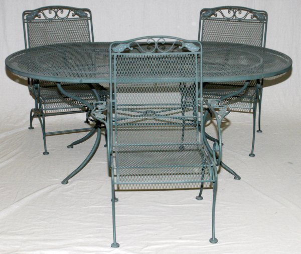 O.W. LEE CO. WROUGHT IRON PATIO FURNITURE 8 PCS: O.W. LEE CO. WROUGHT IRON PATIO FURNITURE, 8 PCS:Including 6 armchairs, one table, and one glider bench.