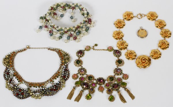 CHANEL JULIANA STYLE & OTHER COSTUME NECKLACES 4: CHANEL, JULIANA STYLE & OTHER COSTUME NECKLACES, FOUR, L 15"-16":Including 1 Chanel camellia necklace (in need of repair), 1 Juliana style multi color necklace with tassel accents (in need of repair),