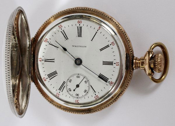 AMERICAN WATCH CO. WALTHAM POCKET WATCH C1904: AMERICAN WATCH CO., WALTHAM POCKET WATCH, HUNTER'S CASE WITH STERLING SILVER AND GOLD INLAY, C1904:having an engraved Sterling silver case with hunting scenes with gold inlaid game birds and rose gold