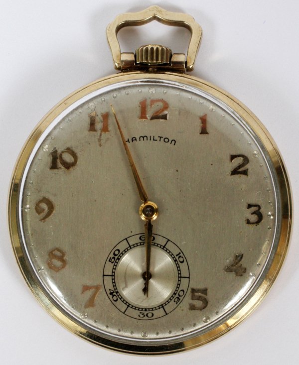 HAMILTON WATCH CO. #945 GOLD FILLED PKT WATCH C1940: HAMILTON WATCH CO. MODEL 945, GOLD FILLED, POCKET WATCH, C1940:having 23 jewels, serial #R160148, 10 kt fold filled case, adjuster five position.