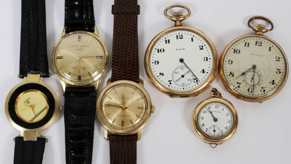 GENTLEMAN'S POCKET WATCHES & WRISTWATCHES -6: GENTLEMAN'S POCKET WATCHES & WRISTWATCHES, SIX, BULOVA, HAMILTON, GUCCI & OTHERS:Gold-filled pocket watches include 1 Elgin National, #23610665, 1 Waltham, #22374336, and 1 Hamilton, #2014862; togethe