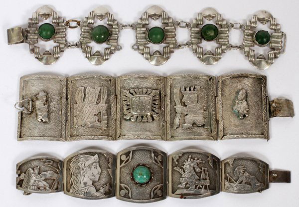MEXICAN SILVER LINK BRACELETS THREE: MEXICAN SILVER LINK BRACELETS, THREE, L 7":Including one open work link bracelet, featuring green beads bezel set along center, inscribed, "Silver, Mexico" at the reverse; together with one .900 silve