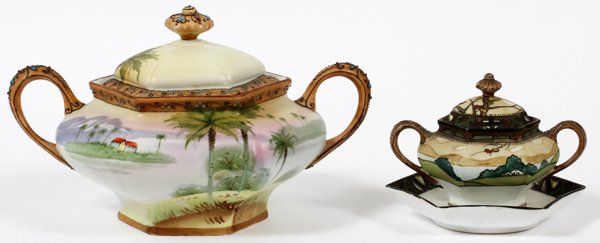 NIPPON PORCELAIN SCENIC BISCUIT JAR & MUSTARD POT: NIPPON PORCELAIN SCENIC BISCUIT JAR & MUSTARD POT, EARLY 20TH C., W 9":Including 1 biscuit jar with cover, W.9" to the handles, and 1 mustard pot with cover and attached stand, W.5". Two items total.
