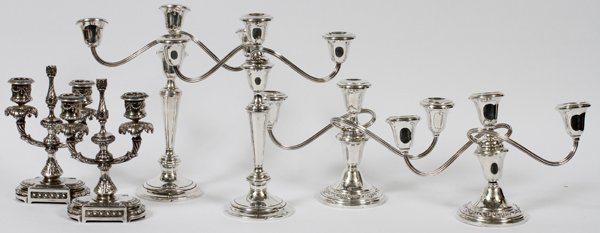 AMERICAN SILVER PLATE CANDELABRA 2 PAIRS: AMERICAN SILVER PLATE CANDELABRA, 2 PAIRS, H 7" - 11":Including two coordinating pairs of Gorham weighted sterling 3 light candelabra, measuring H. 7" and 11 1/2" together with a pair of Pairpoint sil