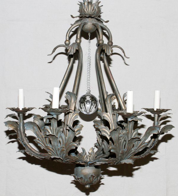 ETHAN ALLEN CHANDELIER: ETHAN ALLEN CHANDELIER H 28", DIA 24":stamped metal leaf patterns on six tubular arms, suspended with crystal sphere in the center, and fitted with six shades.