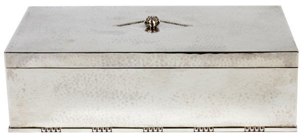 GEORG JENSEN STERLING HUMIDOR BY JOHAN ROHDE: GEORG JENSEN STERLING HUMIDOR BY JOHAN ROHDE, C. 1920, H 2 1/2", L 8 3/4":A rectangular sterling silver box with lightly hammered exterior, the hinged lid is centered by a stylized bud finial, opening