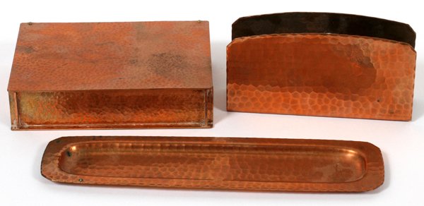ROYCROFT & COPPERCRAFT COPPER DESK ACCESSORIES: ROYCROFT & COPPERCRAFT COPPER DESK ACCESSORIES, THREE, W 5"-9":Roycroft includes 1 pen tray, L.9 1/2", and 1 letter holder, W.5 1/2", together with 1 Coppercraft of Detroit box, W.6". Three items tota