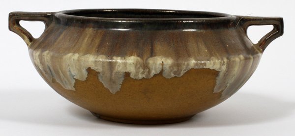 FULPER POTTERY BOWL: FULPER POTTERY BOWL, H 3 3/4", W 9 1/2" TO THE HANDLES:Mottled drip glaze on brown, flanked by handles; stamped vertical mark underneath (see additional photo).
