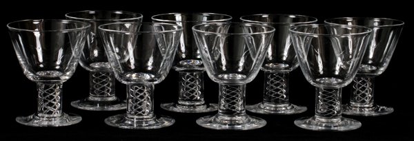 STEUBEN 'AIR TWIST' GLASS COCKTAILS SET OF EIGHT: STEUBEN 'AIR TWIST' GLASS COCKTAILS, SET OF EIGHT, H 3 3/4":Originally designed by George Thompson, item number 7917; all are signed.