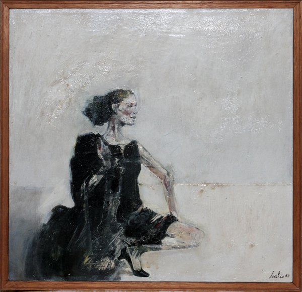 GIORGIO SCALCOOIL & TEMPERA ON CANVAS 1969: GIORGIO SCALCO (1929-), OIL & TEMPERA ON CANVAS, 1969, 17" X 17", 'RITRATTINO IN NERO':A woman dressed in black depicted squatting, signed lower right and dated '69, in a simple wood frame. Titled and