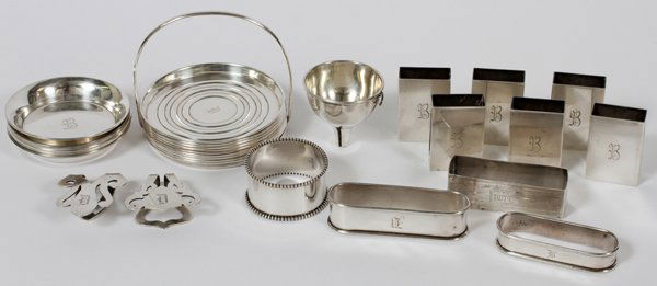 AMERICAN STERLING TABLE & SMOKING ACCESSORIES: AMERICAN STERLING TABLE & SMOKING ACCESSORIES, 27 PIECES:Sterling silver includes, by Frank M. Whiting, a set of 8 coasters with stand, Dia.3 1/4"; Weidlich Co. set of 6 individual ashtrays, Dia.2 3/4