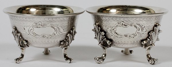 GORHAM COIN SILVER OPEN SALTS C. 1860 PAIR: GORHAM COIN SILVER OPEN SALTS, C. 1860, PAIR, DIA 2 1/2":Each round coin silver open salt has a gilt wash interior, raised on three acanthus and scroll feet; stamped at the underside (see additional p