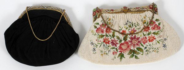 FRENCH BEADED & ENAMEL VINTAGE EVENING BAGS TWO: FRENCH BEADED & ENAMEL VINTAGE EVENING BAGS, TWO, W 8" & 11":Including 1 Walborg black fabric bag with bead and rhinestone frame, ivory silk lining, with original coin purse and mirror, W.8" x 7" (11"
