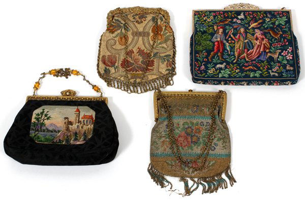 VINTAGE EVENING BAGS FOUR: VINTAGE EVENING BAGS, FOUR, W 6"-9":Including 2 early 20th century evening bags with gilt metal frames, one is beaded overall and not lined, the other is tapestry style with silk lining, neither is ma