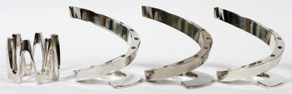 DANSK CANDLESTICKS DESIGNED BY VALLIEN & TJORN FOUR: DANSK CANDLESTICKS DESIGNED BY VALLIEN & TJORN, FOUR, H 5 1/2":Including 3 spiral candlesticks designed by Bertil Vallien, each holds twelve candles and is stamped "Dansk, France, BV" (see additional