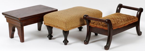 MAHOGANY & OAK FOOT STOOLS THREE: MAHOGANY & OAK FOOT STOOLS, THREE, L 14"-16":Including 2 mahogany and upholstered foot stools, and 1 oak primitive foot stool.