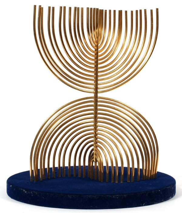YAACOV AGAM 24KT GOLD PLATED BRASS SCULPTURE: YAACOV AGAM (ISRAELI B. 1928), 24KT GOLD PLATED BRASS SCULPTURE, H 8 1/2", L 6 1/2", "MENORAH":In a fitted box; 159/900