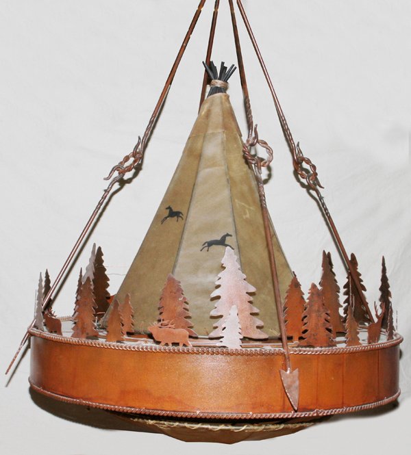 12 LIGHT TEEPEE METAL CHANDELIER: 12 LIGHT "TEEPEE" METAL CHANDELIER, H 60", DIA 48":Suspended from hand forged arrows broken by twisted iron rings. A rawhide Teepee sets in the center accented with hand painted horses. Elk and Moose