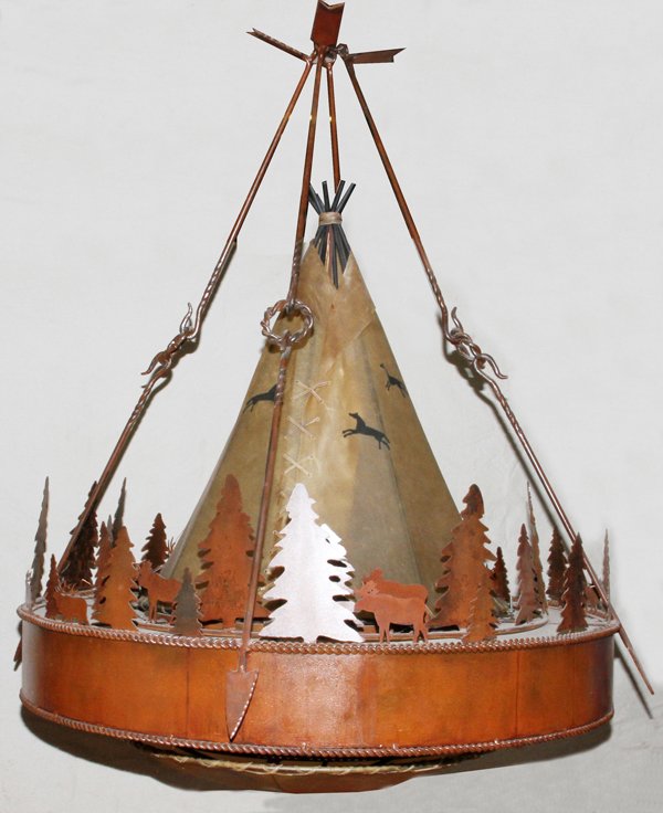 12 LIGHT TEEPEE METAL CHANDELIER: 12 LIGHT "TEEPEE" METAL CHANDELIER, H 60", DIA 48":Suspended from hand forged arrows broken by twisted iron rings. A rawhide Teepee sets in the center accented with hand painted horses. Elk and Moose