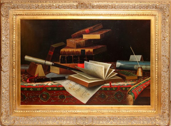 JUDY FAIRLEDY OIL ON CANVAS: JUDY FAIRLEDY (20TH C.), OIL ON CANVAS, 24" X 36", STILL LIFE:Still life of a desk covered with an oriental rug, books, sheet music, ink pen, and other objects of enlightenment. Signed lower right (se