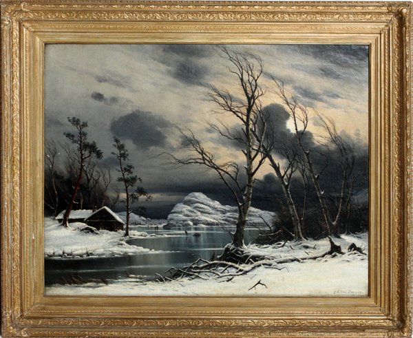 NILS HANS CHRISTIANSEN OIL ON CANVAS: NILS HANS CHRISTIANSEN, OIL ON CANVAS, H 28", L 36", WINTER LANDSCAPE:Nils Hans Christiansen [Danish, 1850-1922]. A winter landscape with birch trees, a lake with skaters and a figure pulling a sled.