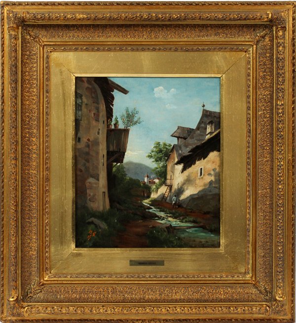 INITIALED H.S. EUROPEAN OIL ON CANVAS 1897: INITIALED H.S., EUROPEAN OIL ON CANVAS, 1897, H 15", W 12", VILLAGE STREET SCENE:Initialed LL and dated '97; nameplate says "Heinrich Steger" but no artist information found; gilt earlier frame.