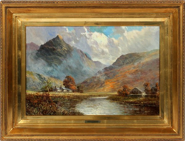 FRANCIS JAMIESON OIL ON CANVAS: FRANCIS JAMIESON (ENGLISH 1895-1950), OIL ON CANVAS, H 16", W 24", MOUNTAIN LANDSCAPE WITH RIVER:Signed lower left; 19th c. gilt frame.