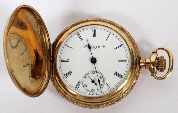 ELGIN 14KT GOLD POCKET WATCH C. 1900: ELGIN 14KT GOLD POCKET WATCH, C. 1900, DIA 1 1/4":Serial no. 8443816, having Roman numerals at the face, with a subsidiary dial. Fitted in a 14kt yellow gold case, monogrammed at one side, decorated w