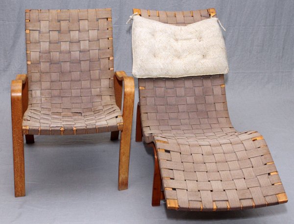 LAMINATED WOOD ARMCHAIR & CHAISE LOUNGE: LAMINATED WOOD ARMCHAIR & CHAISE LOUNGE:In the style of Mathsson, including 1 armchair and 1 chaise lounge, L. c. 55". Two pieces total.