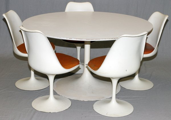 EERO SAARINEN TULIP TABLE AND CHAIRS: EERO SAARINEN, TULIP TABLE AND CHAIRS, H 32", DIA 54":White with orange seats.
