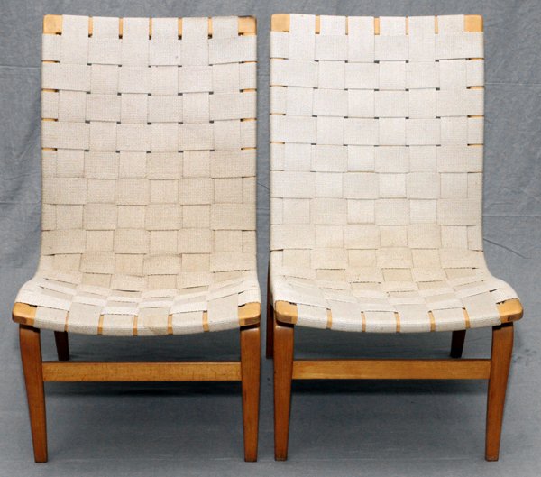 BRUNO MATHSSON BENTWOOD & CANVAS 'EVA' CHAIRS PAIR: BRUNO MATHSSON, BENTWOOD & CANVAS 'EVA' CHAIRS, PAIR, H 33", W 19", D 26":Made in Sweden, Bruno Mathsson paper labels and branded (see additional photo).