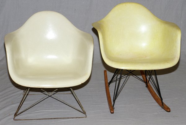 HERMAN MILLER ARMCHAIR AND ROCKER TWO PIECES: HERMAN MILLER, ARMCHAIR AND ROCKER, TWO PIECES, H 24", 26" W 25"EACH:Chair is cream and rocking chair is yellow. Both marked Herman Miller on underside.