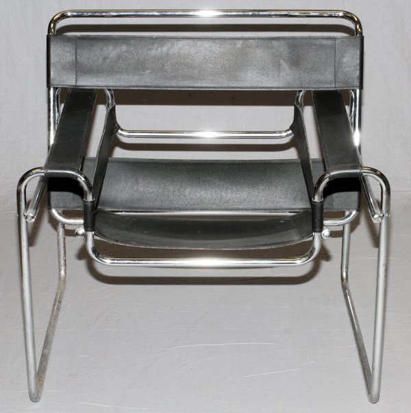 MARCEL BREUER STYLE LEATHER & CHROME CHAIR: MARCEL BREUER STYLE LEATHER & CHROME CHAIR, H 29":Chrome frame armchair, fitted with black leather upholstery. Measuring H. 29" x 31" x 27". Circa 1960 to 1980.