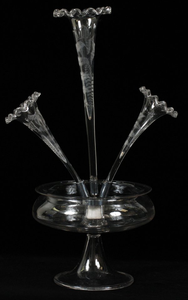 BLOWN GLASS EPERGNE C. 1860: BLOWN GLASS EPERGNE, C. 1860, H 21", DIA 9":Hand blown, clear glass, hand etched fern design. Metal fittings. Ruffled collars. Ponil mark. Circa 1860.
