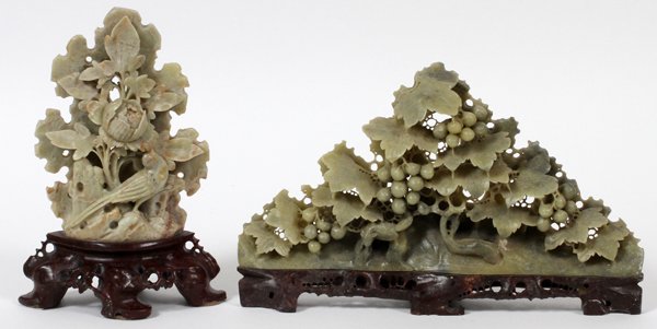CHINESE SOAPSTONE CARVINGS 20TH C.: CHINESE SOAPSTONE CARVINGS, 20TH C., 2, H 6", 7", W 10", 5":Foliate, berry, bird and flower motifs.