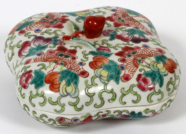 CHINESE HAND PAINTED PORCELAIN COVERED DISH: CHINESE HAND PAINTED PORCELAIN COVERED DISH, W 6":Decorated in butterfly and floral motif. Signed at the underside, measuring H. 2" x 6" x 6". Property from the collection of Apollo 7 astronaut Donn F
