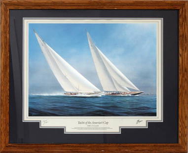 YACHTS OF THE AMERICA CUP PRINT AFTER TIM THOMPSON: YACHTS OF THE AMERICA'S CUP PRINT, AFTER TIM THOMPSON, H 24" W 30":After Tim Thompson, "Yachts of the America's Cup: The 'J' Class" special edition print. Depicting the 'Endeavor II' and 'Ranger' yach
