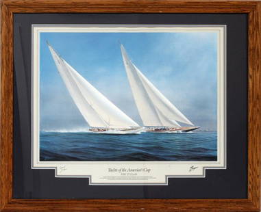 YACHTS OF THE AMERICA CUP PRINT AFTER TIM THOMPSON: YACHTS OF THE AMERICA'S CUP PRINT, AFTER TIM THOMPSON, H 24" W 30":After Tim Thompson, "Yachts of the America's Cup: The 'J' Class" special edition print. Depicting the 'Endeavor II' and 'Ranger' yach