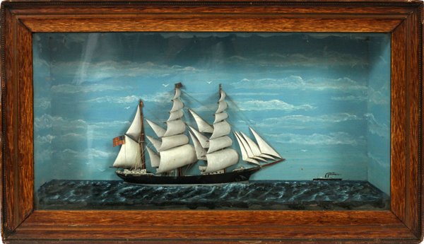 AMERICAN THREE-MAST SAILING SHIP DIORAMA: AMERICAN THREE-MAST SAILING SHIP DIORAMA, IN SHADOWBOX FRAME, 15" X 26":Relief carved pine and painted diorama of three masted vessel. Overall frame size is 15" x 26". Circa 1900.