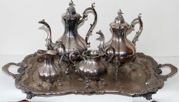 REED & BARTON SILVER PLATE COFFEE & TEA SET: REED & BARTON "WINTHROP" SILVER PLATE COFFEE & TEA SET, 5 PCS:Includes one teapot at H. 11", one coffee pot at H. 12", one creamer, and one sugar bowl. Together with one non matching silver plate foot