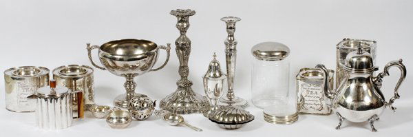 SILVERPLATE & METAL DECORATIVE ASSORTMENT 20 PIECES: SILVERPLATE & METAL DECORATIVE ASSORTMENT, 20 PIECES:Including 1 International "Georgian Court" teapot, H.9", as well as decorative tea canisters, tea strainers, candlesticks, a set of coasters, and R