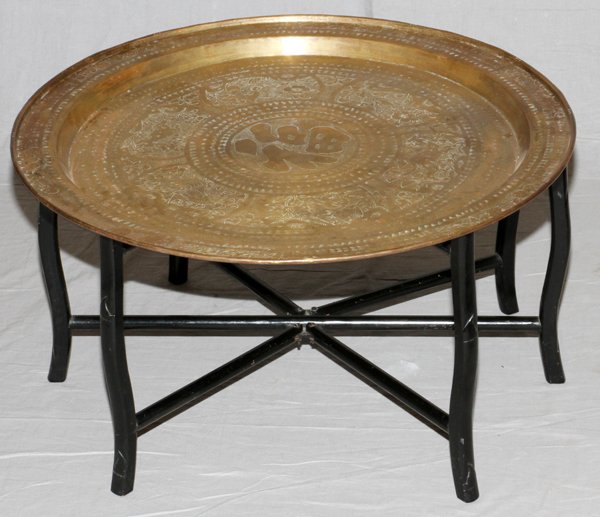MID-CENTURY MODERN TABLE ROUND BRASS TOP WOOD: MID-CENTURY MODERN, TABLE, ROUND BRASS TOP, WOOD SPIDER LEG BASE, DIA 30" (BRASS TOP):Mid-Century modern Asian Hollywood Regency Brass table tray top with engraved Chinese script spider leg base.