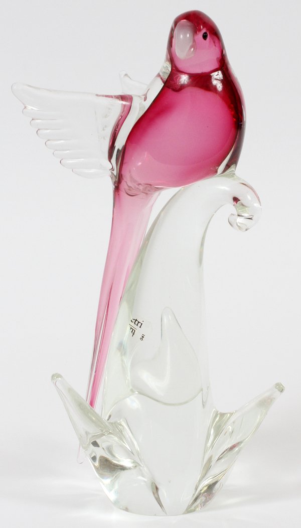 VENETIAN BLOWN GLASS BIRD: VENETIAN BLOWN GLASS BIRD, H 10":Hand blown, pink body, opalescent beak.