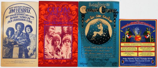 ROCK AND ROLL PROMOTIONAL POSTCARDS FOUR: ROCK AND ROLL PROMOTIONAL POSTCARDS, FOUR:Featuring three Gary Grimshaw cards including: "Ann Arbor Blues & Jazz Festival" September 8-10, 1972; "Jimi Hendrix Experience" at the IMA Auditorium, Flint,