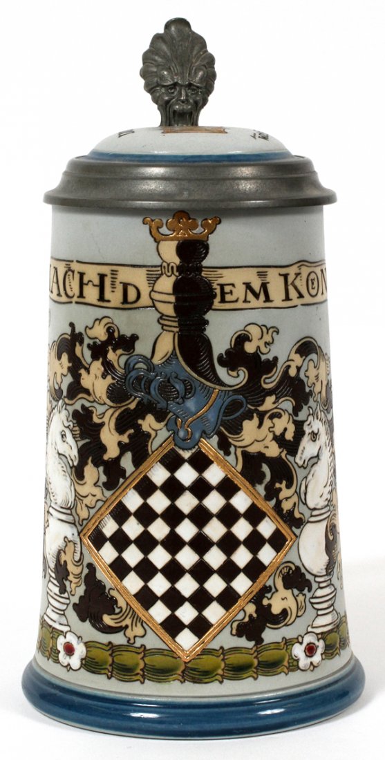 METTLACH STONEWARE STEIN VILLEROY & BOCH 1892: METTLACH STONEWARE STEIN, VILLEROY & BOCH, 1892, H 8", #2049, CHESSBOARD AND KNIGHT:Pewter rim and thumb lift. Designed by Otto Hupp, signed "O. H.".Mettlach #2049 Etched 1/2 L. Chessboard and knight 