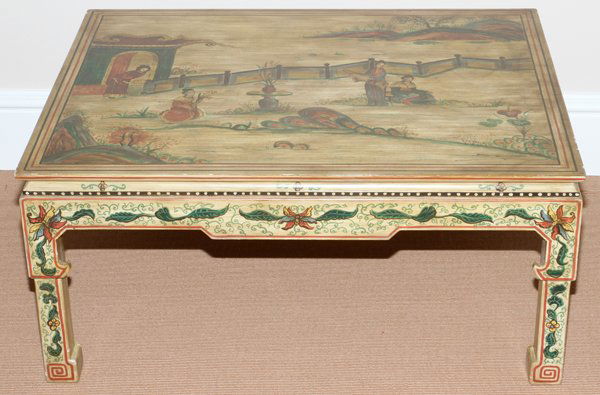 CHINOISERIE STYLE PAINTED COFFEE TABLE: CHINOISERIE STYLE PAINTED COFFEE TABLE, H 17", W 30", L 38":Decorated with a scene of lady figures working in the garden, raised on straight legs, with scrolled block form feet. Measuring H. 17" x 30"