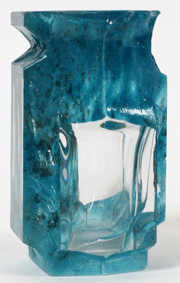 DAUM BLUE GLASS CUBIST VASE: DAUM BLUE GLASS CUBIST VASE, H 5":Signed "Daum France". Restored.
