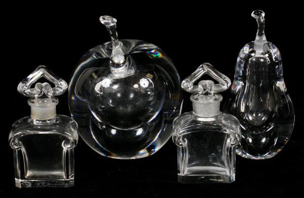 BACCARAT & KOSTA FRUIT-FORM CRYSTAL PERFUME BOTTLES: BACCARAT 'GUERLAIN' & KOSTA FRUIT-FORM CRYSTAL PERFUME BOTTLES, FOUR, H 4":Including 2 Baccarat "Guerlain" perfume bottles and 2 Kosta fruit-form bottles. Four items total.